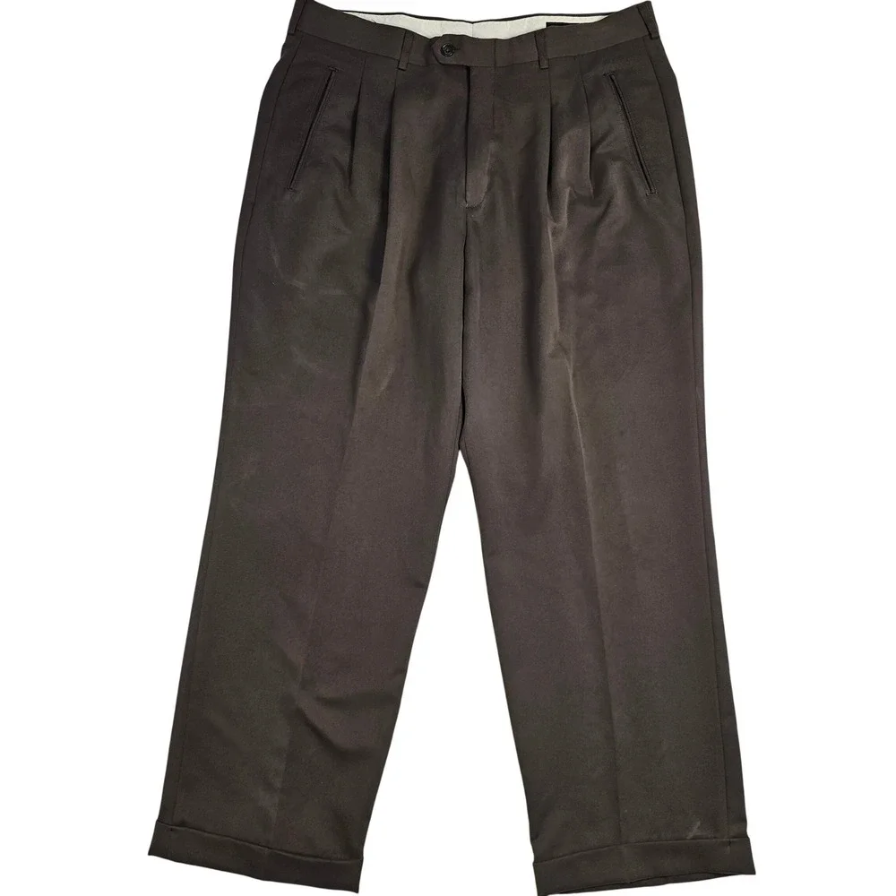 Haggar Black Label Mens 36x29 Brown Double Pleated Cuffed Dress Pants Trousers